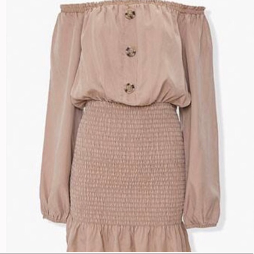Off the Shoulder Smock Dress- khaki